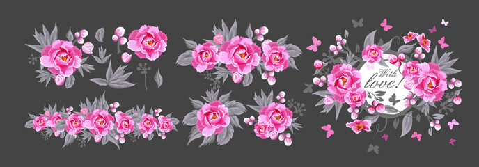 Peony flower on gray background. Background for your design. Pink peony flower. Constructor. Vector illustration