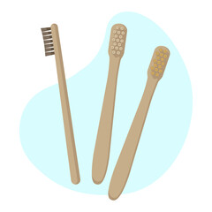 Set of eco-friendly bamboo toothbrushes  isolated on white background. Natural organic bathroom beauty product. Zero waste and eco living, plastic free concept. Vector flat illustration.
