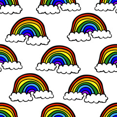 Beautiful rainbow with clouds isolated on white background. Colored drawing. Vector flat graphic hand drawn illustration. Texture.