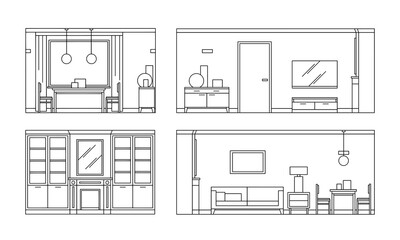 Hand drawn set linear sketch of the interior living room. Outline drawing sofa, table, chair, lamp. Vector illustration on sketch style. Design for coloring page, banner, flyer, template, landing page