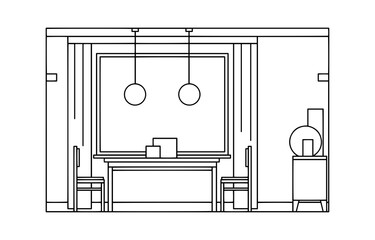 Hand drawn linear sketch of the interior living room. Outline drawing window, table, chair, lamp. Vector illustration on sketch style. Design for coloring page, banner, flyer, template, landing page