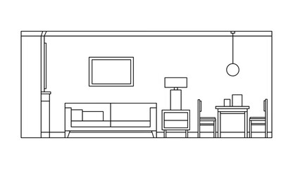 Hand drawn linear sketch of the interior living room. Outline drawing sofa, table, chair, lamp. Vector illustration on sketch style. Design for coloring page, banner, flyer, template, landing page