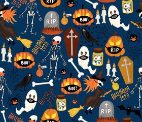 Halloween 2020 Corona seamless pattern. Repeating background Halloween night. Witch, skeleton, ghost, pumpkins wearing face masks. Spooky design texture Covis Social distancing.