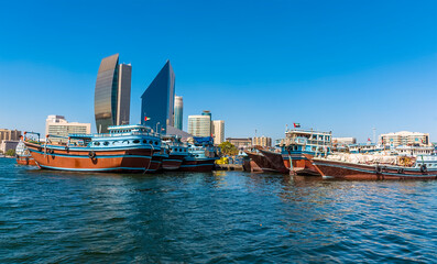 A close up view of Dhow boats moored on the higher reaches of the Dubai Creek in the UAE in springtime
