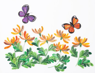 Fototapeta na wymiar Beautiful butterflies and yellow flowers, isolated on white background. Hand made of paper quilling technique.