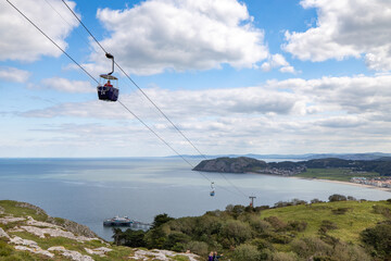 A view of the cable cars from the Great Orme mountain in Llandudno
