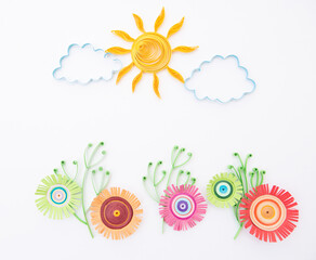 Flowers, Sun and cloud line depicting a scene of Spring isolated on white background. Hand made of...