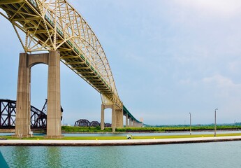Bridge over river. The International bridge between Sault Ste Marie, Michigan, USA and Sault Ste Marie, Ontario, Canada.