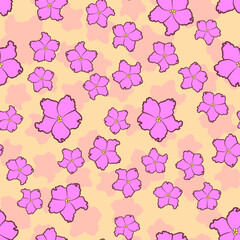 Seamless floral pattern with cute cartoon color flowers, doodle vector drawing