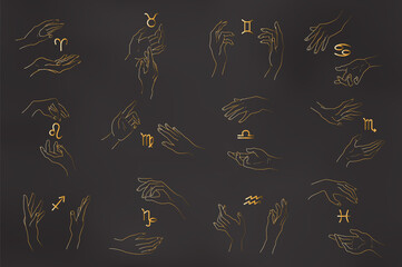 Set of magic hands with zodiac glyphs in outline style. Collection of isolated gestures and zodiac signs in golden color on black background. Vector illustrations for logotypes, prints, cards, clipart