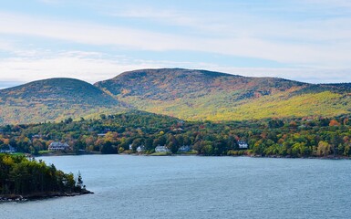 Landscape along the coastline in Bar Harbor, Maine, USA. Autumn scene. - obrazy, fototapety, plakaty