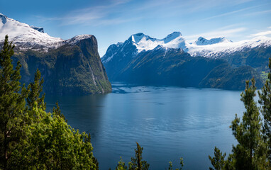 Beautiful view of Norwegian fjord opening, leading to Geiranger