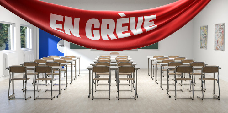 Salle de classe avec banderole en gr&egrave;ve