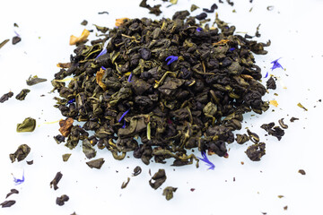 green tea leaves on white background