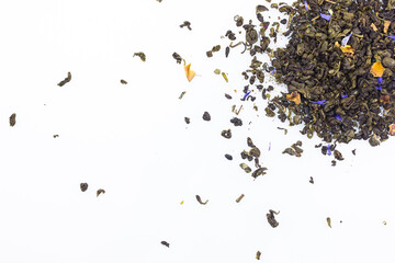 green tea leaves on white background