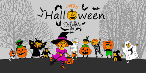 Fototapeta premium Happy Halloween. Halloween party. Children dressed in a Halloween costume. Banner. Vector. Design concept for party invitations, greeting cards, posters