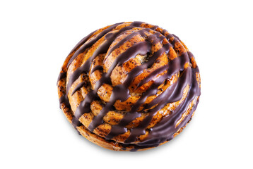 Roll bun with chocolate glaze on a white isolated background