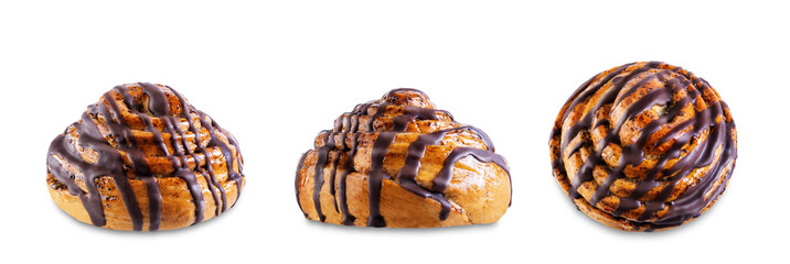 Roll bun with chocolate glaze on a white isolated background