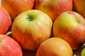 Yellow-red fresh apples in sunlight.