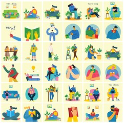 Fototapeta premium Take a break collage illustration. People have rest and drink coffee, use tablet on chair and sofa. Flat vector style.