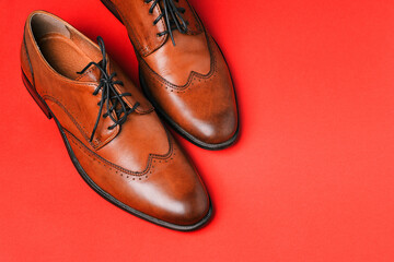 Brown leather shoes close-up on a red background with a copy of the space. Stylish and fashionable shoes made of genuine leather. Men fashion