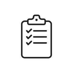 Checklist clipboard thin line vector icon. Outline check list with questionnaire form and tick checkmark. Clip board with a survey on paper with completed mark. Todo documentation. Editable stroke V2