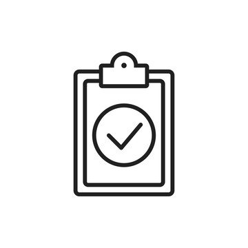 Thin line clipboard icon with outline check mark on it. Agenda priority checklist board conceptual vector illustration. Tick checkmark on an abstract paper report page. Contract policy verification V5