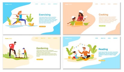 Set of four activities with parents and kids showing gardening, exercising, cooking and reading, colored vector illustration
