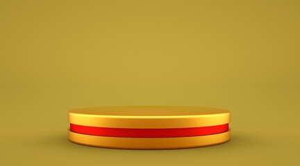 Pedestal of  golden Platform disk display  with red strip inlay , modern stand podium on yellow room background. Blank Exhibition stage backdrop or empty product shelf. 3D rendering.

