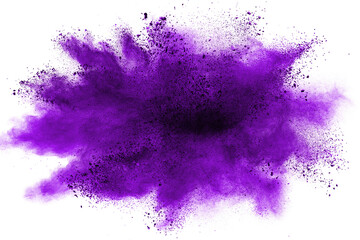 Explosion of purple powder isolated on white background. 
