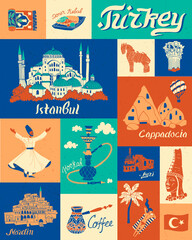 Traditional symbols and landmarks of Turkey. Illustration in vintage style. Set of national elements