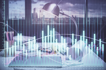 Double exposure of stock market graph drawing and office interior background. Concept of financial analysis.