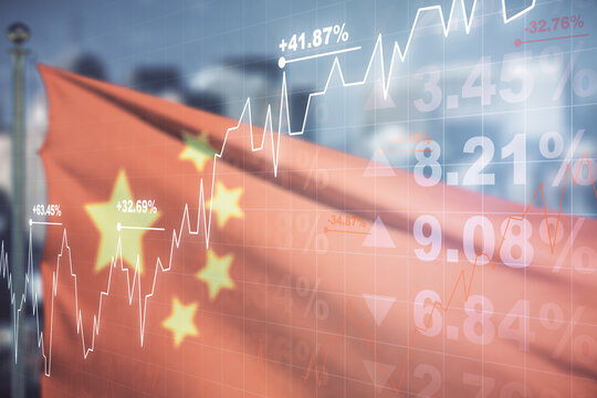 Double exposure of abstract creative financial chart hologram on flag of China and blurry skyscrapers background, research and strategy concept