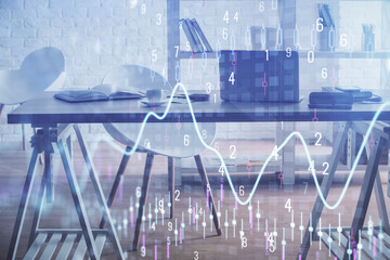 Multi exposure of stock market chart drawing and office interior background. Concept of financial analysis.