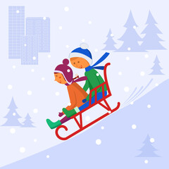 Children sledding down the hill. Vector image on a white background of fir trees and houses.