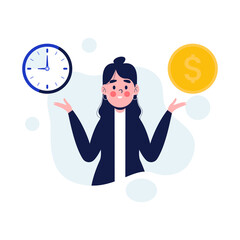 Time is money concept. Businesswoman with clock and coin. Flat design vector illustration