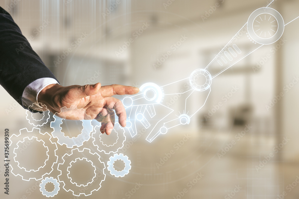 Aufkleber Man hand clicks on abstract virtual robotics technology hologram on blurred office background. Robot development and automation concept. Multiexposure