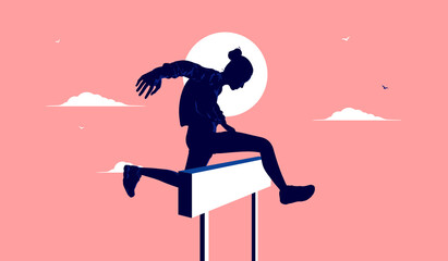 Overcome obstacle - Woman jumping a hurdle as a symbol of conquering adversity. Female goals, winning, and success concept. Vector illustration.