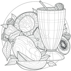 Cocktail with mango, coconut,carom fruit, kiwi and raspberry.
Delicious dessert.Coloring book antistress for children and adults. Illustration isolated on white background.Zen-tangle style.