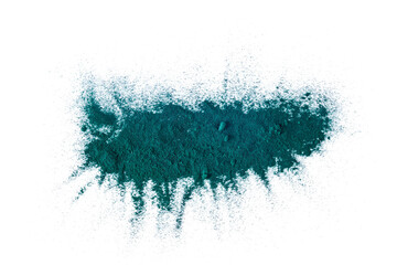 Spirulina algae powder isolated on a white background. Superfood concept. Top view.