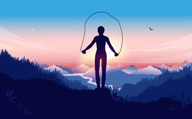 Exercise outdoors - Woman working out in nature landscape with sunrise, mountains and forest. Getting in shape, fun workout and staying healthy concept. Vector illustration.