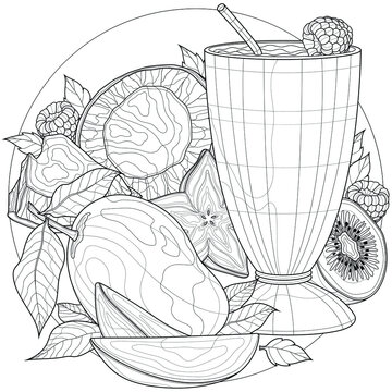 Cocktail with mango, coconut,carom fruit, kiwi and raspberry.
Delicious dessert.Coloring book antistress for children and adults. Illustration isolated on white background.Zen-tangle style.