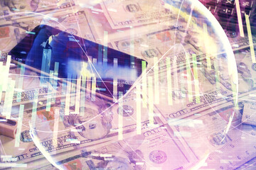 Multi exposure of business theme drawing over us dollars bill background. Concept of financial success.