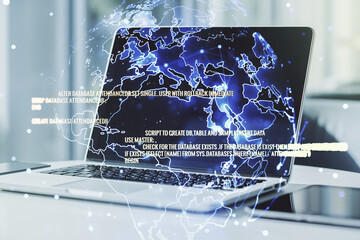 Multi exposure of abstract programming language hologram with world map on computer background, artificial intelligence and neural networks concept