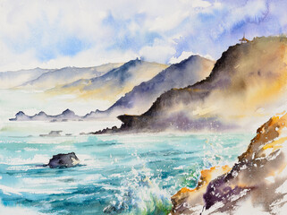 Huge ocean waves breaking on the coastal cliffs, cloudy stormy day. Storm season, seascape. Waves breaking on the rocks, coastline. Picture created with watercolors.