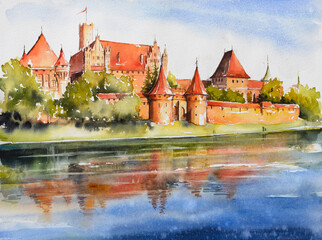 Castle of the Teutonic Order and river Nogat  in Malbork, Pomerania, Poland. Picture created with watercolors.