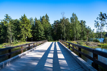 summer northern landscape with lake trees rocky shore and water reflections