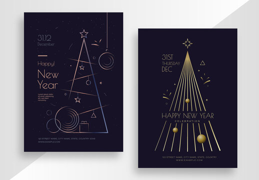 New Year Invitation Card Set with Christmas Tree