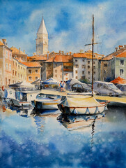 Beautiful view of the city of Piran, Slovenia and the Adriatic Sea. Picture created with watercolors.