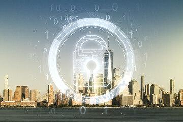 Virtual creative lock illustration with microcircuit on New York cityscape background, cyber security concept. Multiexposure